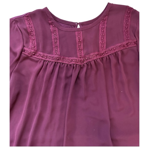 LOFT Top Boho Chic Work Wear Lace Trim Shirred Yoke Long Sleeve Plum Blouse, M - Picture 3 of 7